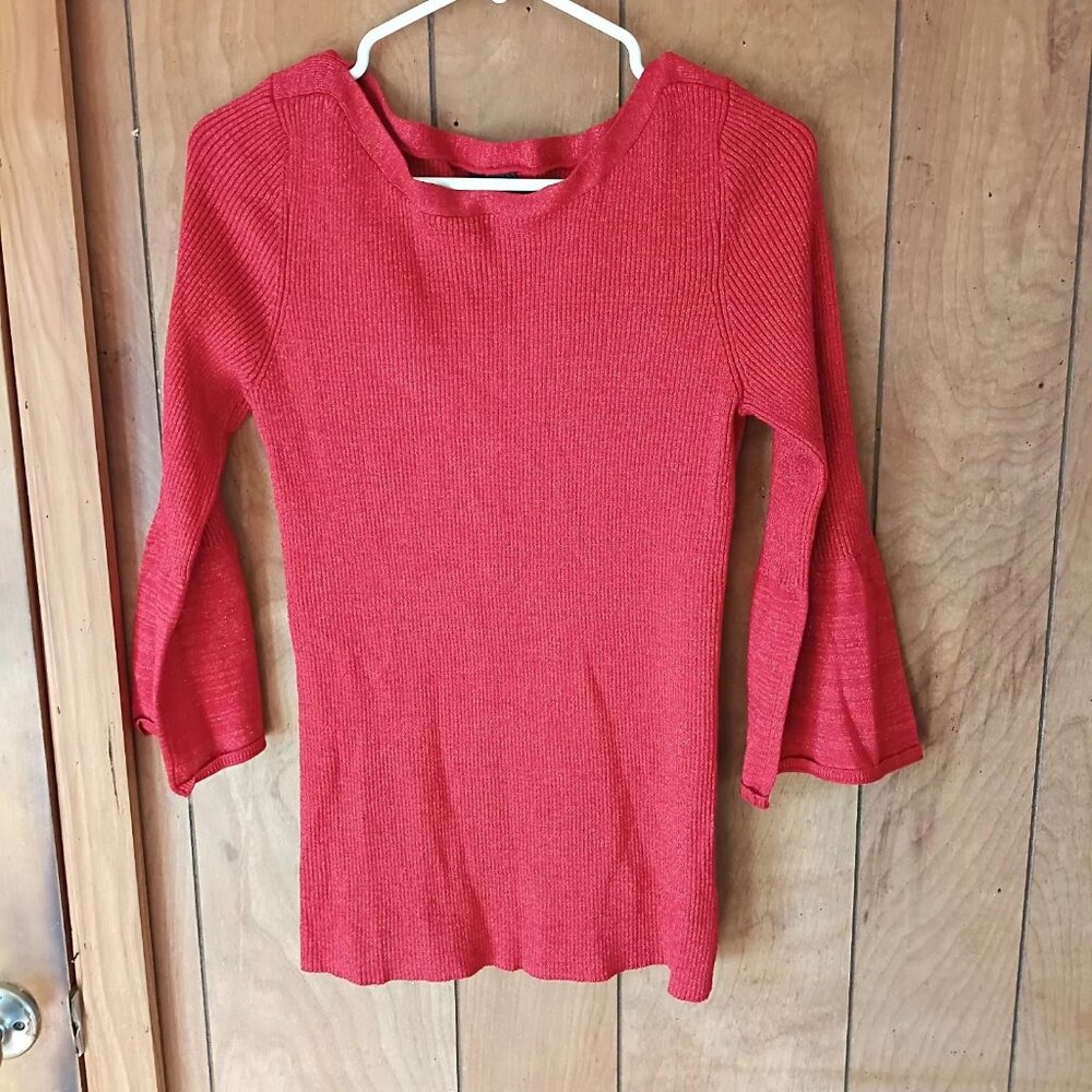 New Directions Red Metallic Sparkle Sweater Womens Size M Rayon Blend 3/4 Sleeve